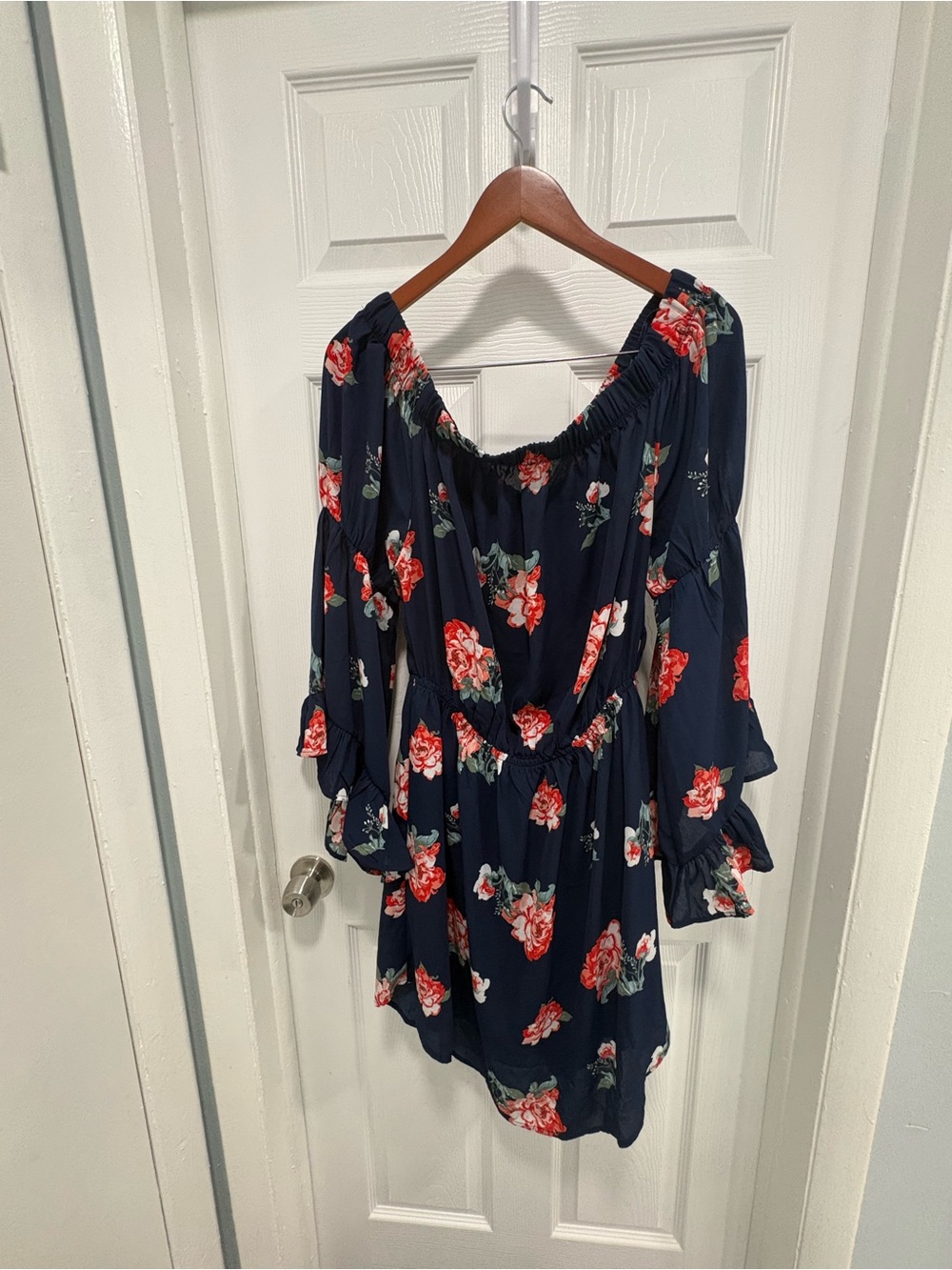 love J Navy Floral Off-Shoulder Dress with Red Rose Print